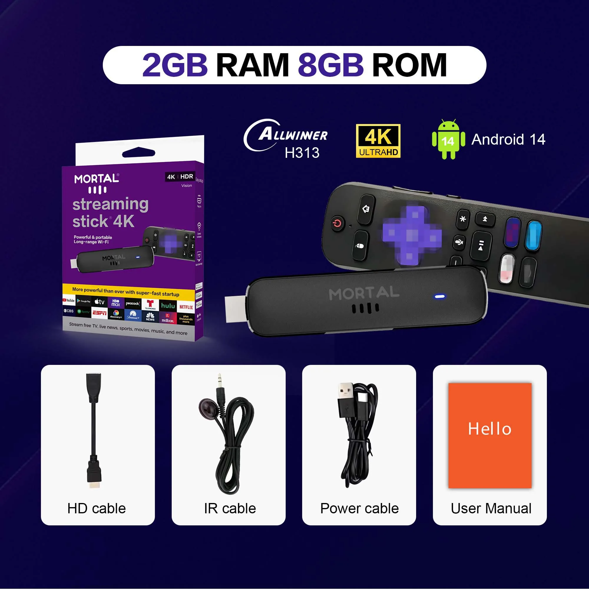 عصا تلفزيون Mortal Q8 Ultra WIFI6 للتحكم الصوتي، بث تلفزيوني مباشر مجاني، عصا تلفزيون 4K HDR، Android 14 Allwinner H313، Netflix، YouTube