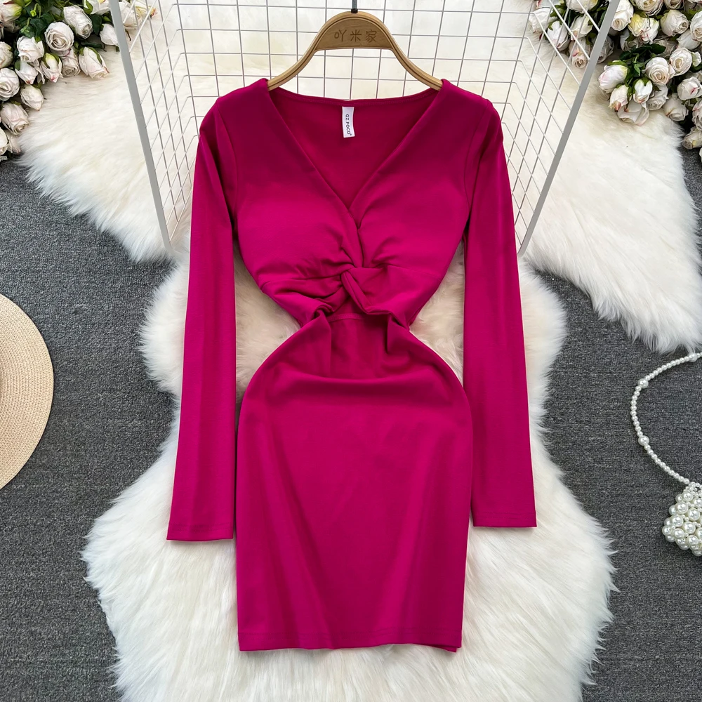 

Elegant V Neck Long Sleeve Twisted Knit Bodycon Mini Dress Slim Basic Fashion Sweater Vestido Sexy Women Autumn Winter Clothing