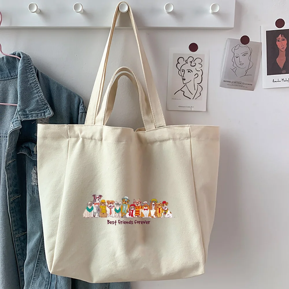 Women's Shopping Organizer Bags 2022 Canvas New Style Dog Printed Shoulder Bags Foldable Reusable Casual Handbag Tote Bags