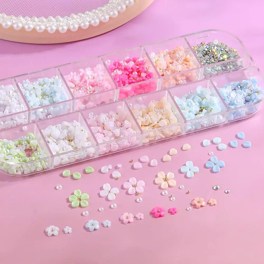 1박스 3D 레진 컬러풀 아크릴 꽃잎 네일 아트 라인스톤 혼합 골드 펄 캐비어 비즈 네일 참 아크릴 꽃잎 네일 장식