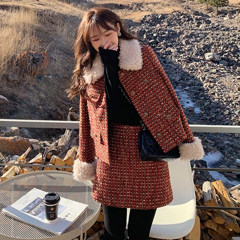 

Красный твидовый пиджак + юбка, модный профессиональный костюм, новинка, женский костюм, осень/зима, клетчатый комплект из 2 предметов