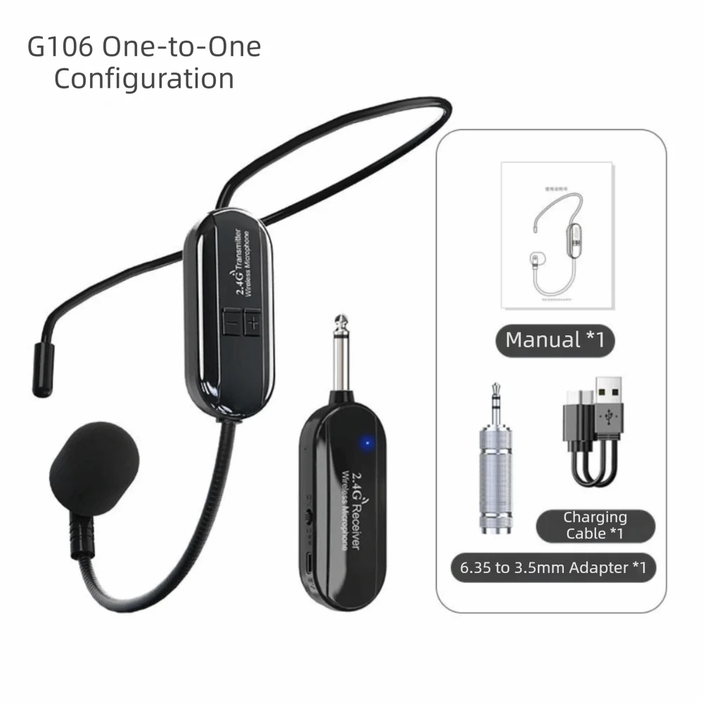 무선 라발리에 마이크 송신기 및 수신기 세트, 헤드 마운트 디자인, 2.4G 무선..