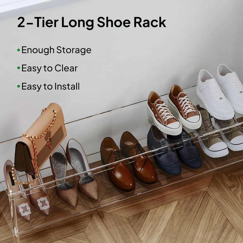 acrylic long shoe rack - 2 tier shoe organizer for closet- wide shoe shelf clear shoes rack for entryway, 42.7'' l x 11.8'' w x