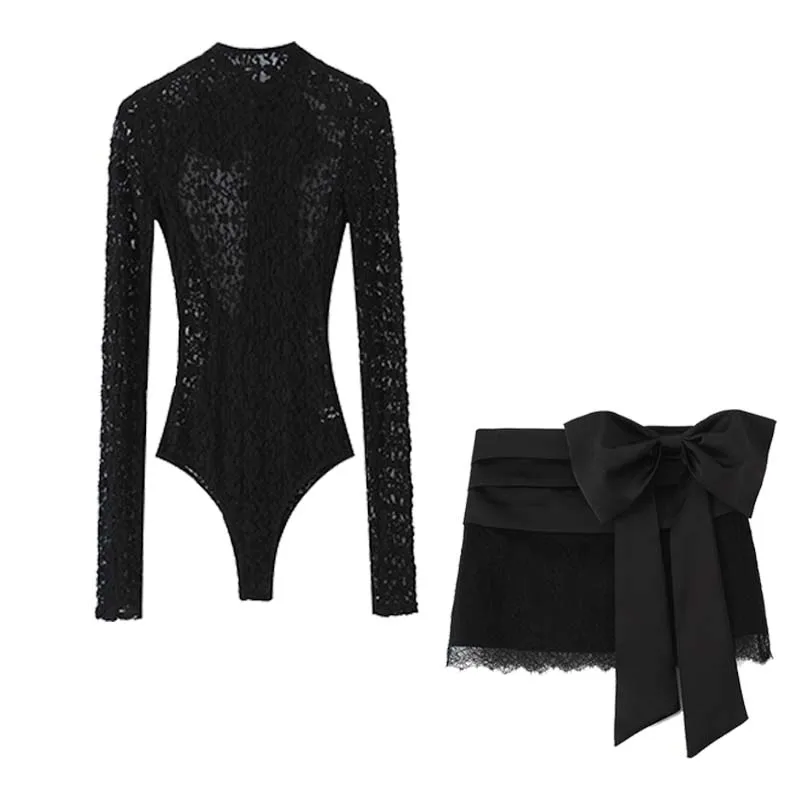 Chic Fashion Bow Splicing Lace Mini Skirts Two Piece Sets For Women 2025 New Bodysuits Top Women's Suits Elegant Woman Outfits ﻿