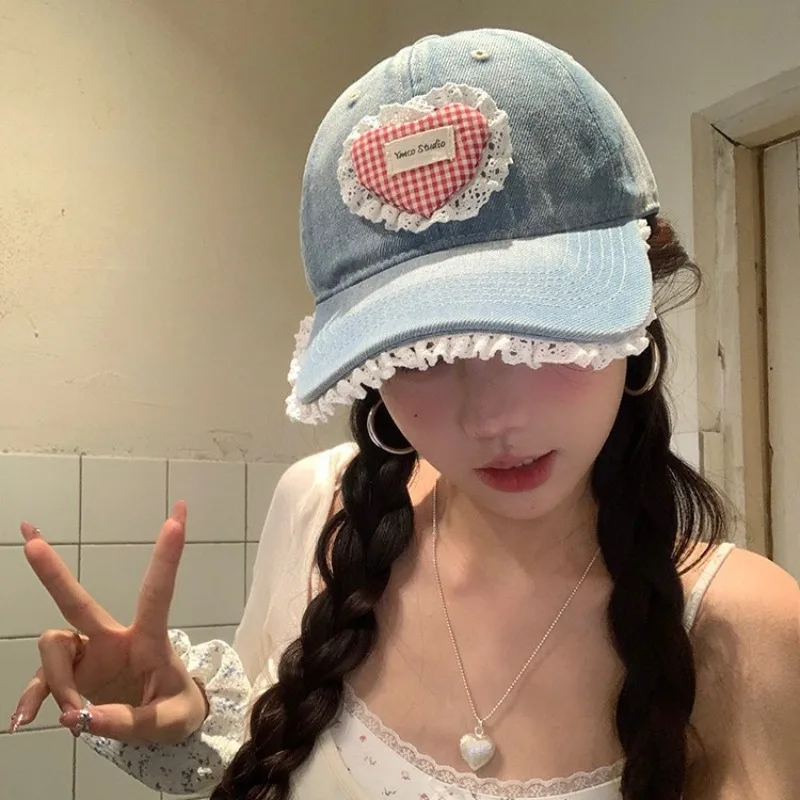 한국어 달콤한 레이스 사랑 패치 디자인 야구 모자 Y2K 봄과 여름 여행 태양 보호 다목적 귀여운 여성 모자