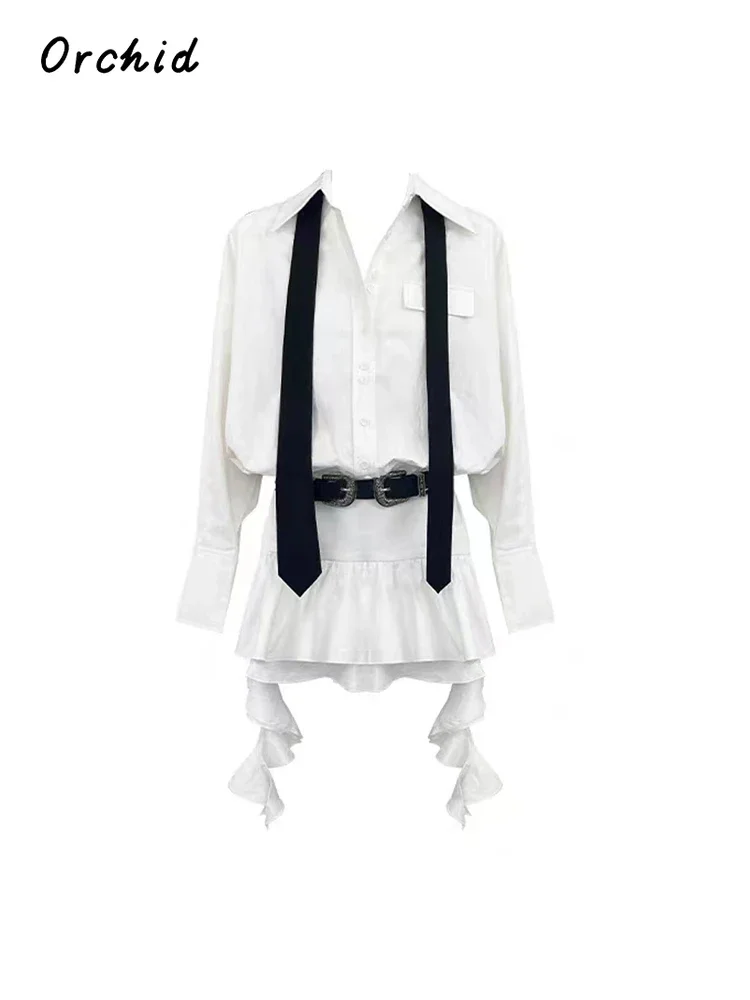 

2023 Autumn Hotsweet Long Sleeve V-neck Gothic Asymmetrical Cropped Dresses Women Y2K Trendy White Single Breasted Shirt Dress