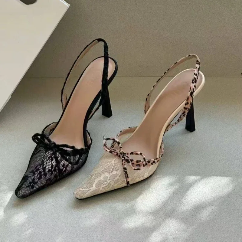 Women's High Heel Sandals Leopard Print Lace Pointed Toe Bow Heels Women Sexy Dress Designer Style Summer Zapatillas De Mujer 2