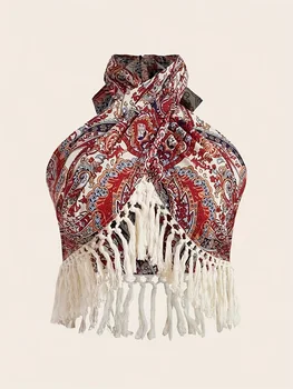 Paisley Print Fringed Edge Butterfly Knot Tie Back Hanging Neck Top Women's Bohemian Style off Shoulder Casual Fashion