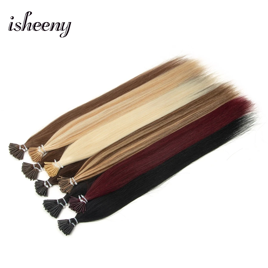 isheeny 12-20 inches Micro Ring I Tip Hair Extensions Real Natural Straight Hman Hair Pre Bonded Stick Tip 50pcs/pack