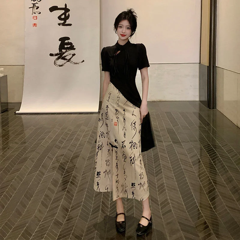 New Chinese Style High Grade Irregular Calligraphy Half Body Dress Fashion Qipao Two Piece Set Skirt Women's Summer Hanfu Suit