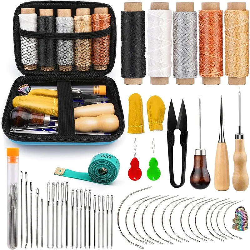 Leather Sewing Kit Leather Sewing Tools Kit Waxed Threads Finger-cot Hand Sewing Needles DIY Handmade Craft Accessories Set