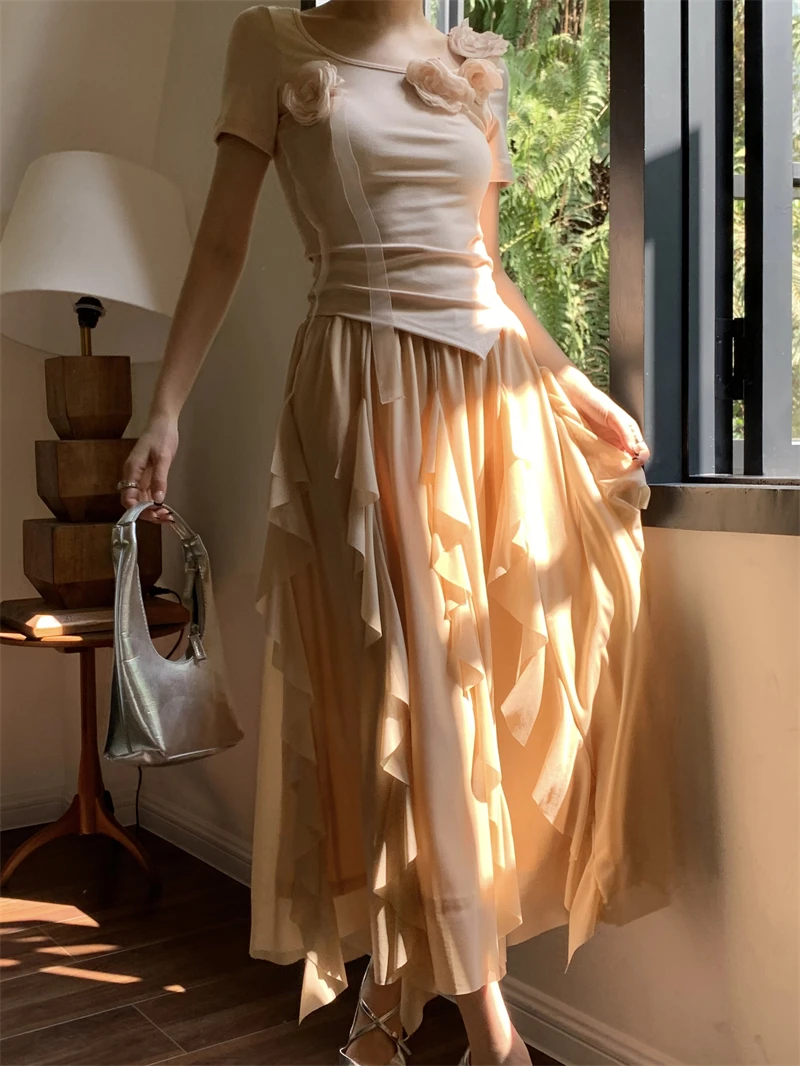 

2024 Summer New Korean Version Of Solid Color Simple Senior Personality Design Niche Unique Mesh Skirt Women