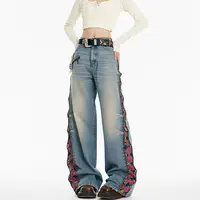 American Sle fermeture éclair Plaid imprimé Patchwork jean ample pour hommes et femmes mode taille haute décontracté Vintage jean droit 6