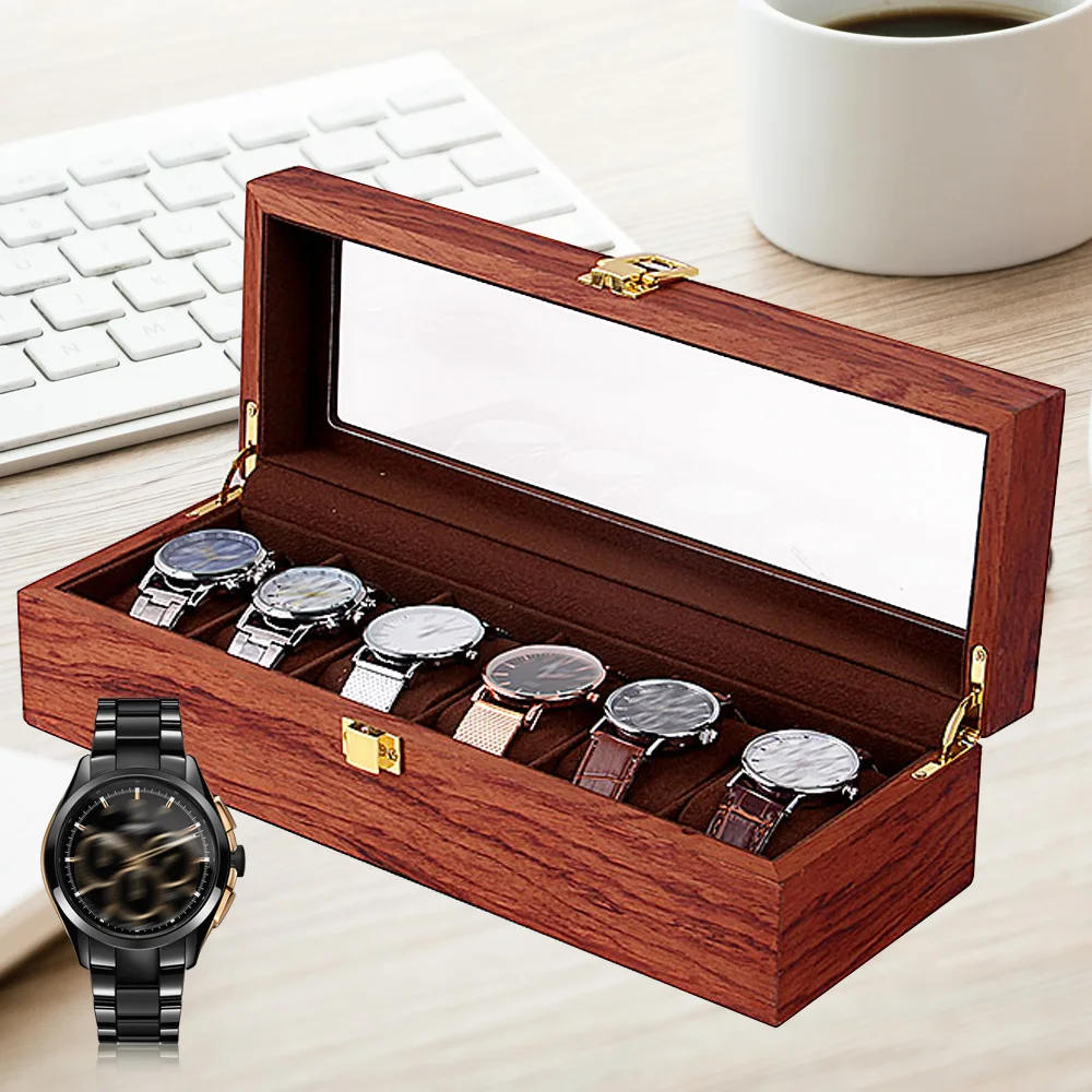 6/10/12 Slot Organizer Wood Watch Box Glass Top Vintage Display Jewelry Storage Box Gift