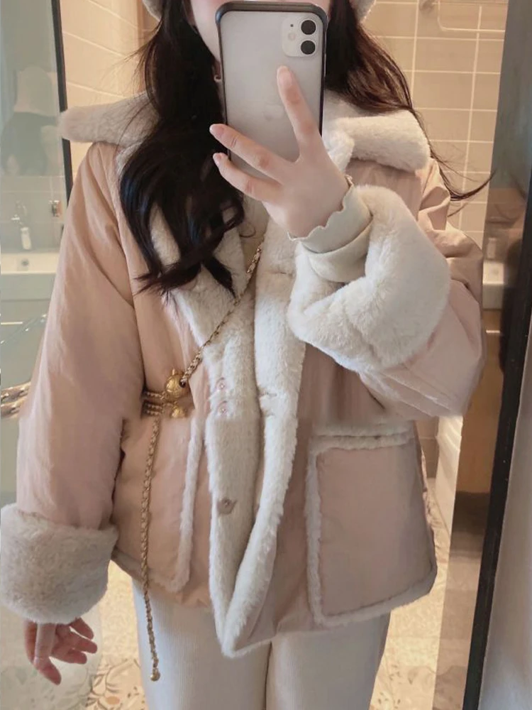 

Lamb Wool Down Coats Women Winter Thicken Fleece Double Side Wear Parkas Korean Fashion Preppy Style Sweet Plush Warm Jackets