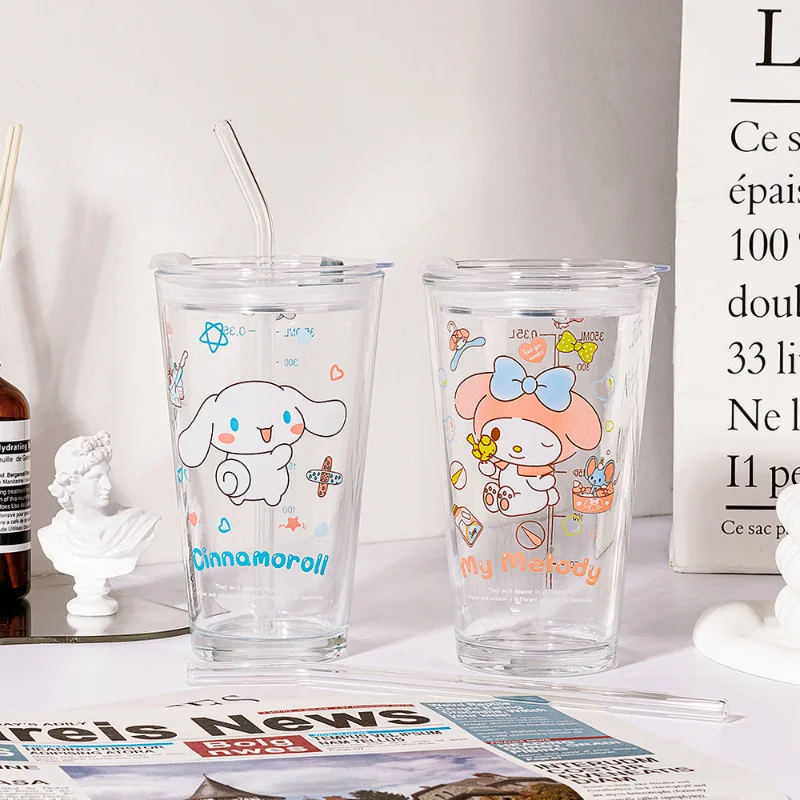 Kawaii Cartoon Melody Kuromi Cinnamoroll Kitty Glass Cup with Lid and Straw  Milk Juice Cup Children's Water Cup