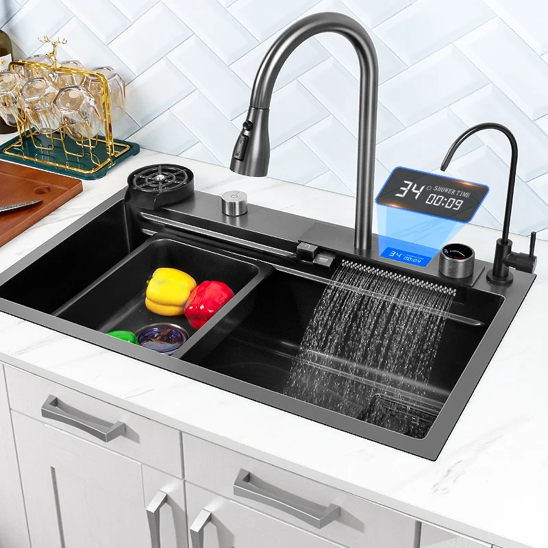 

Waterfall Kitchen Sink 304 Stainless Steel Nano Black Handmade Multifuctional Faucet Above Counter/Apron Front