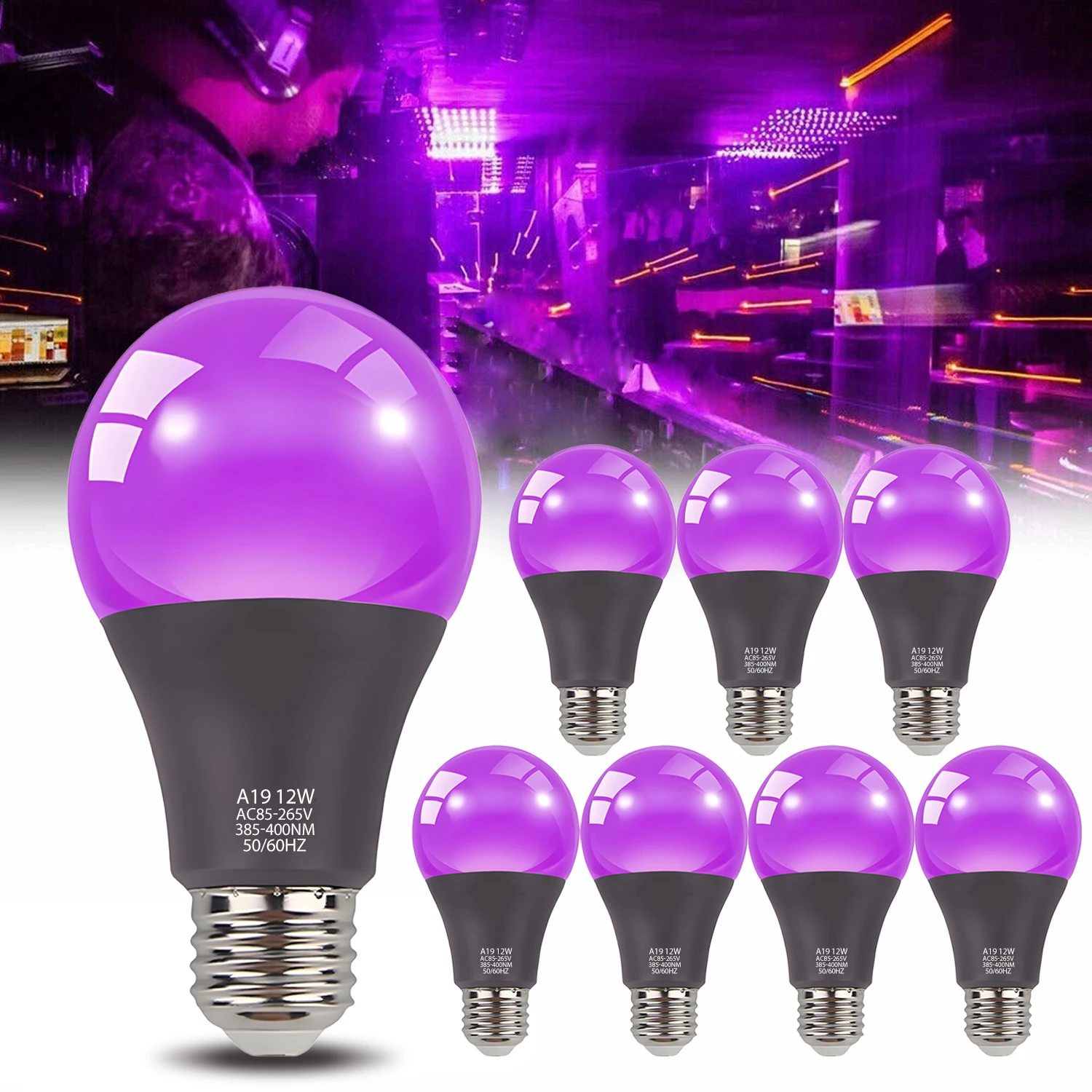 E27 LED UV 블랙라이트 전구 A19 12W 퍼플 블랙라이트 UVA 385-40..