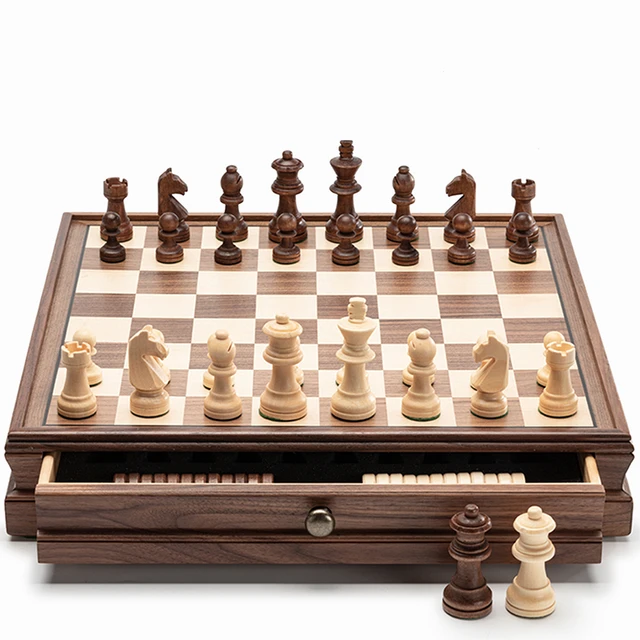 A&A 15 inch Walnut Wooden Chess Sets w/ Storage Drawer / Triple Weighted  Chess Pieces - 3.0 inch King Height/ Walnut Box w/Walnut & Maple Inlay / 2