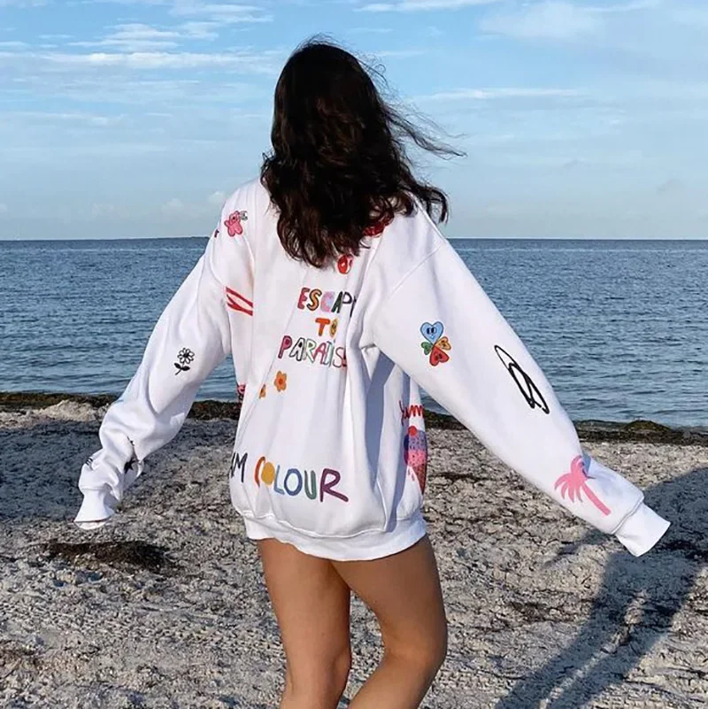 Harajuku Print 90s E-girl Oversized Sweatshirts for Women Long Sleeve Autumn Graphic Print Casual Long Pullovers Outfits 2024