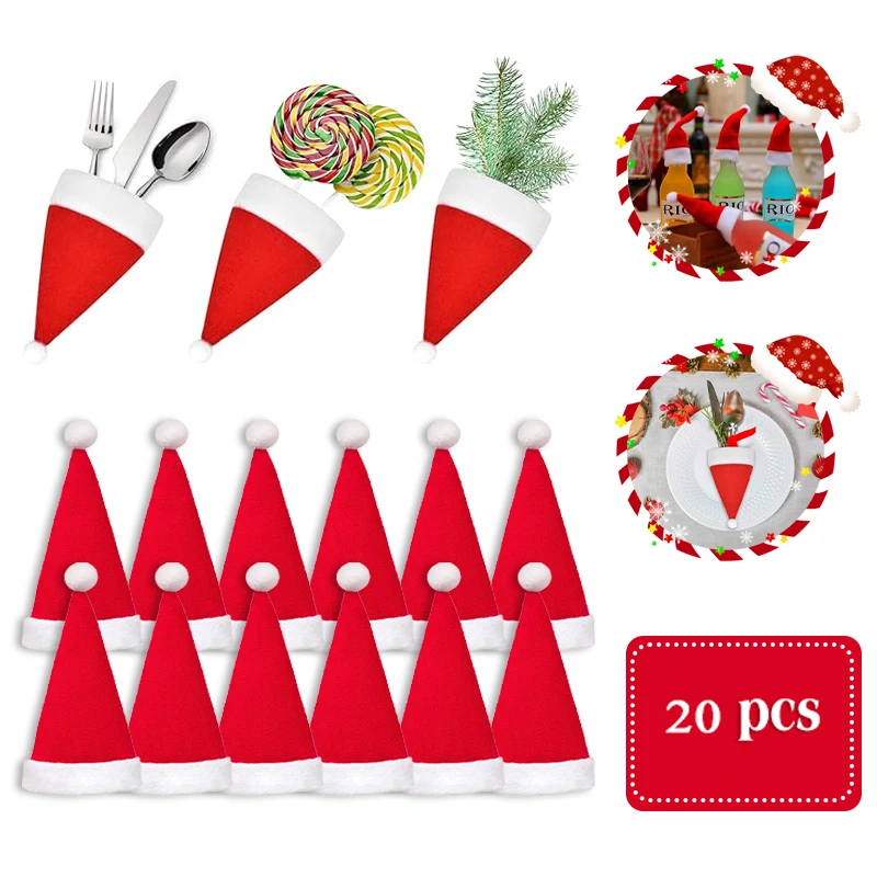 

F5 20Pcs Christmas Hats Tableware Knife Fork Set Holder Pocket Bag Kitchen Dinnerware Wine Bottle Xmas Hat Xmas Party Decoration