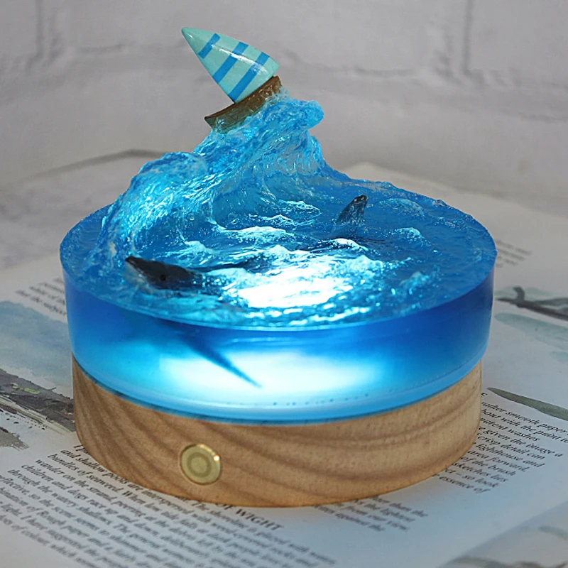 

Ocean Exploration Creative Resin Craft Toys For Children Funny Shocking Antistress Shark Sailboat Theme USB Night Light Kids Toy
