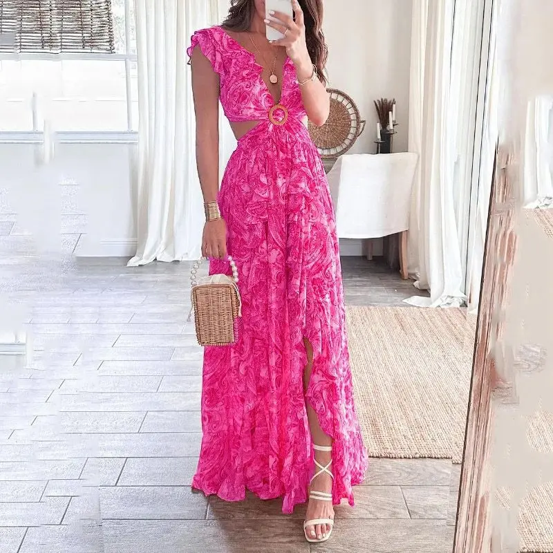

Summer Sleeveless Floral Print Long Dress Female Deep V Hollow Out Ruffle Party Dress Elegant High Waist Asymmetries Split Dress