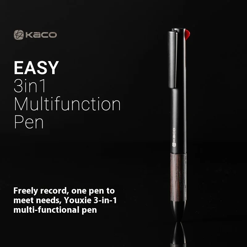 Kaco 3-in-1-Multifunktionsstift aus Holzmaterial, 0,5 mm, schwarz/rot, zum Schreiben, einziehbarer Druckbleistift für den Schulanfang – Detail 1