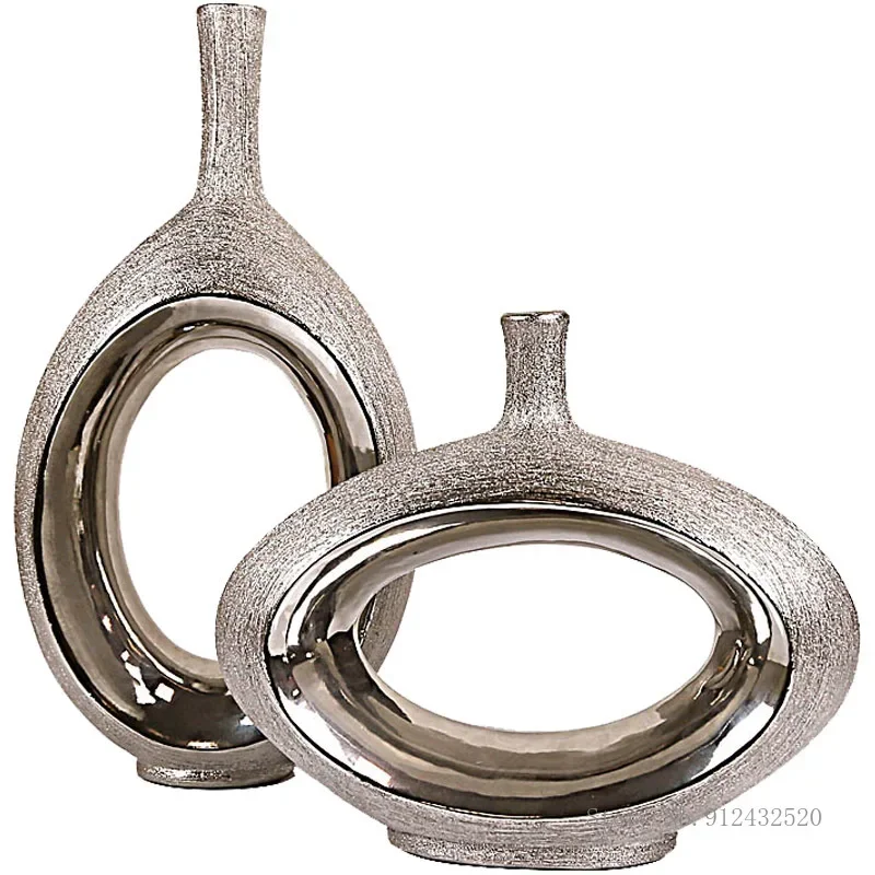 European-style Electroplating Silver Ceramic Oval Vase, Home Bedroom Living Room Wedding Hotel Flower Shop Decoration Vases, 1Pc