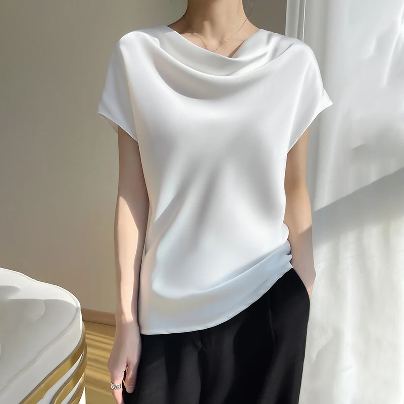 

Summer New Simple Style Loose Stacked Collar Solid Silkworm Silk Gloss Pure Smooth Women's Short Sleeve Top T-shirt