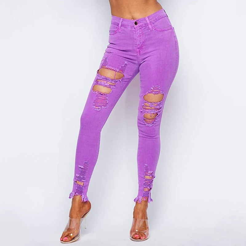 Women's Slim-fitting Petite Pants Women's Stretch Large Size Leggings Women's Retro Ripped Denim Long Pants Women's