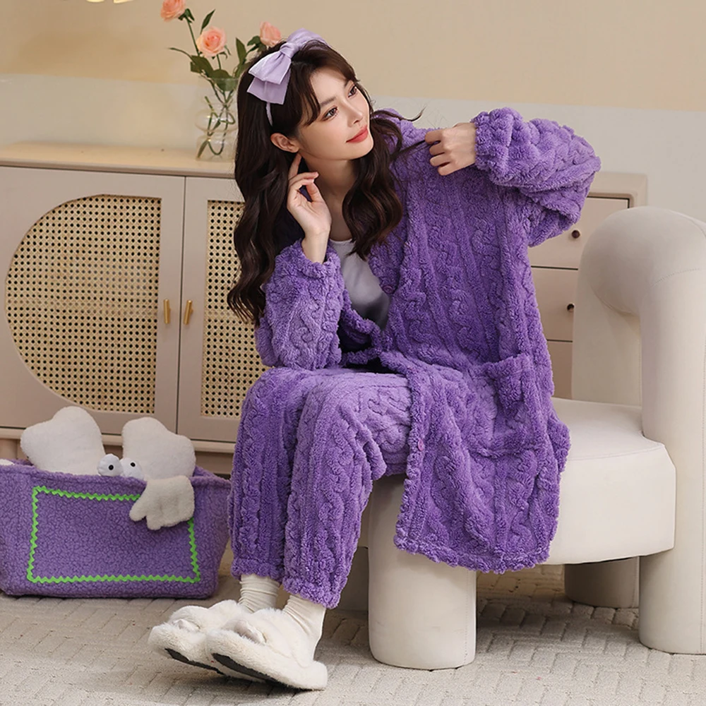 Winter Jacquard Flannel Pajamas Sets Women Pyjamas Solid Hooded Nightgown With Pants Suit Pijama Mujer Nightdress Suits Homewear