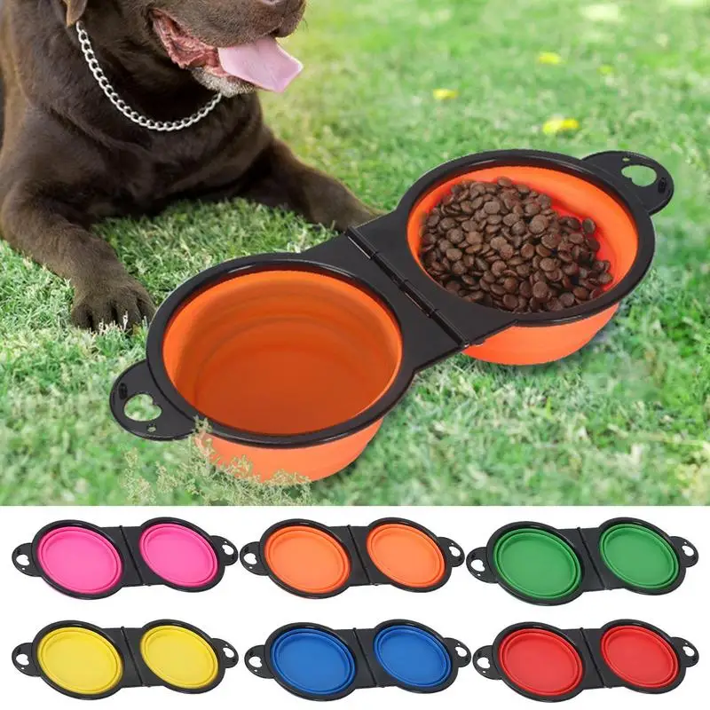 

Collapsible Dog Travel Twin Bowl Collapsible 2 In 1 Pet Feeding Bowl For Dogs And Cats Portable Travel Pet Food Feeding Cat Bowl