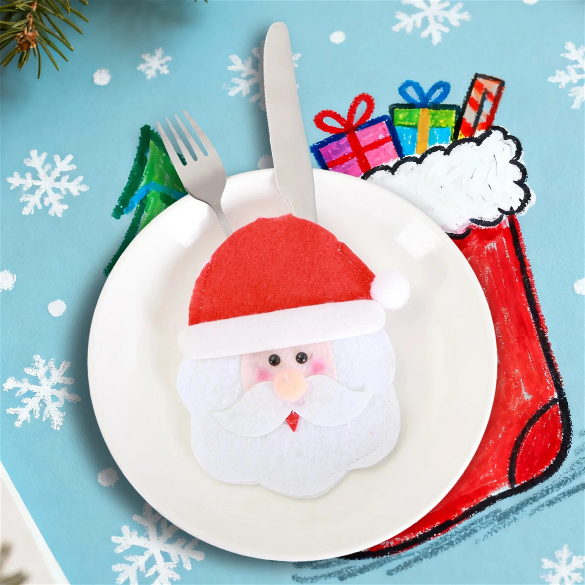 Christmas Santa Claus Snowman Reindeer Silverware Holder Utensil Pockets Knife Fork Bags Table Decorations Festive Dinnerware