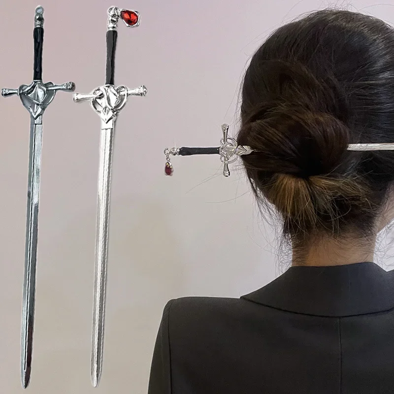 Hair Accessory Creative Sword Ruby Pendant Hairpin Vintage Chinese Style Sword Hair Stick Punk Hair Clip Dish Accessories