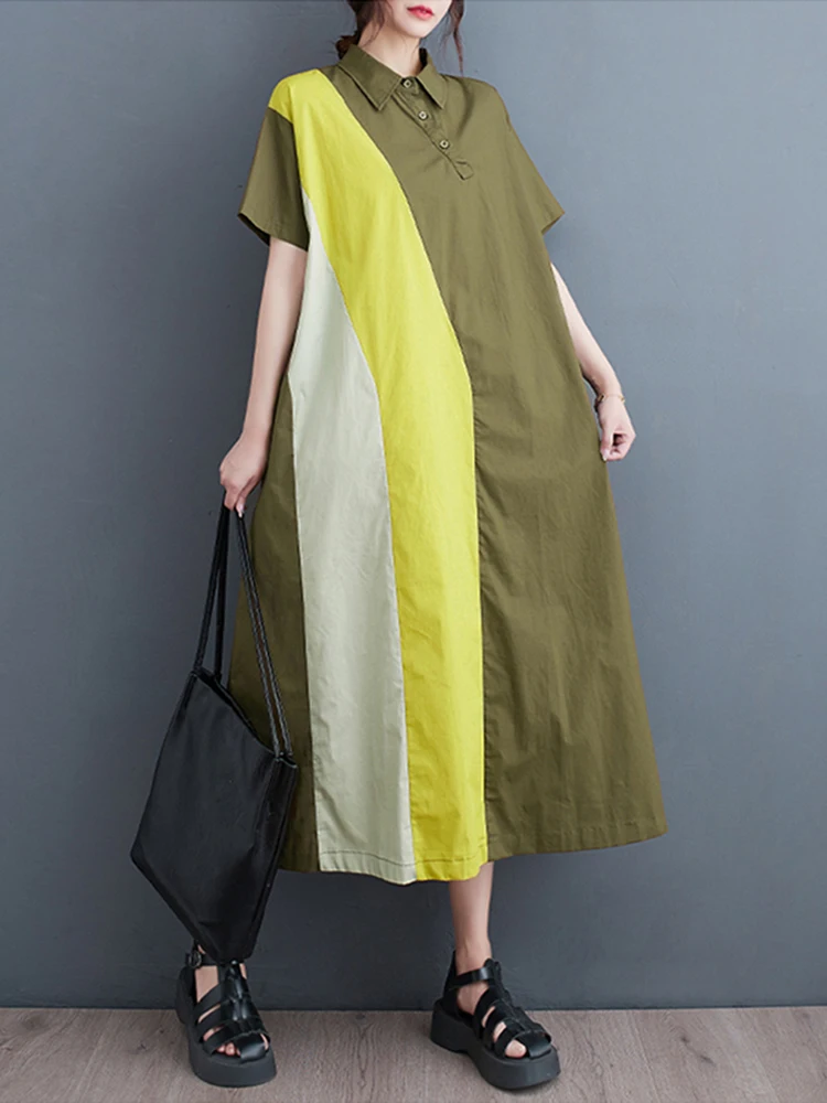 2025 Summer New Patchwork Contrast Color Shirt Dresses For Women Short Sleeve Loose Casual Long Dress Fashion Elegant Clothing