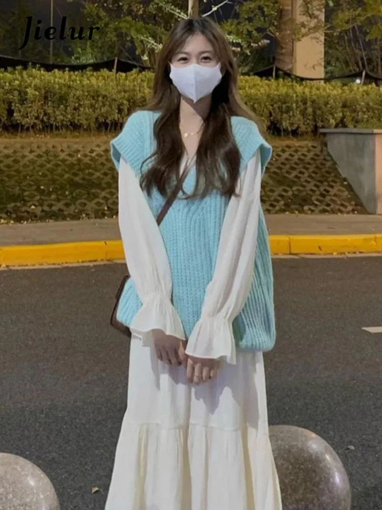 

Two Piece Sweet Chicly Ruffles Sleeves Chiffon Female Dress French Autumn Basic Loose Women Dress Blue Knitted Woman Vest