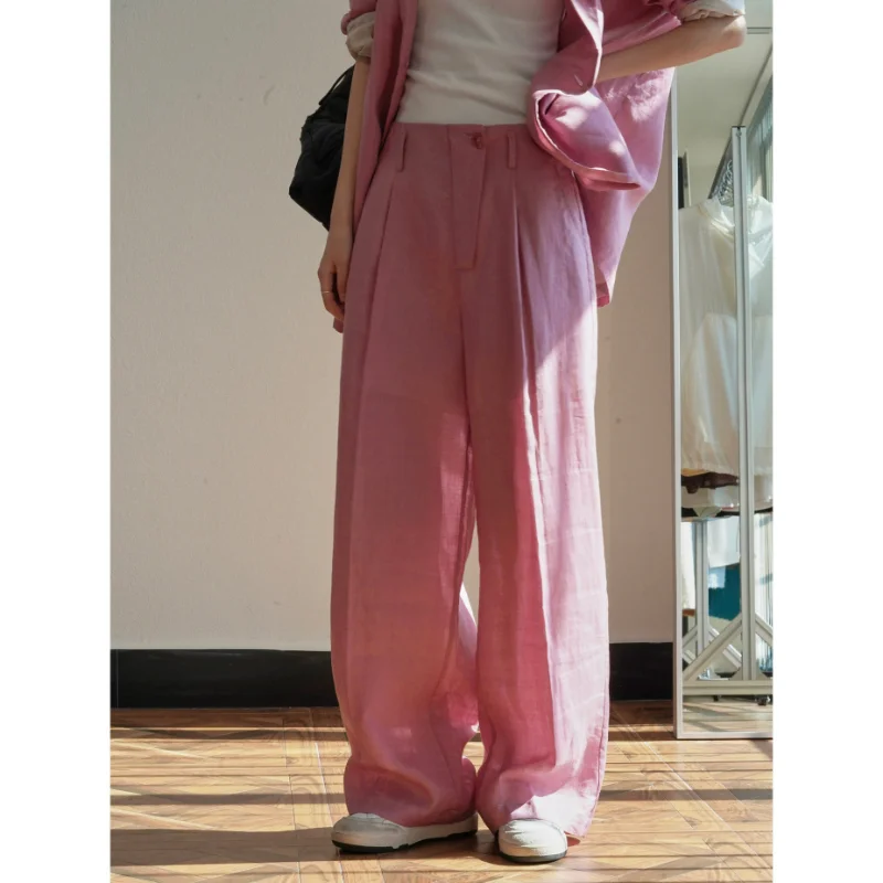 Early Autumn Ramie Wide Leg Trousers Thin Women Casual Long Pants Retro Commuting Loose Silhouette High Waist Clothes Breathable 2023 early autumn suit women s cardigan solid color fashion shawl top elastic waist small feet slim trousers two piece set