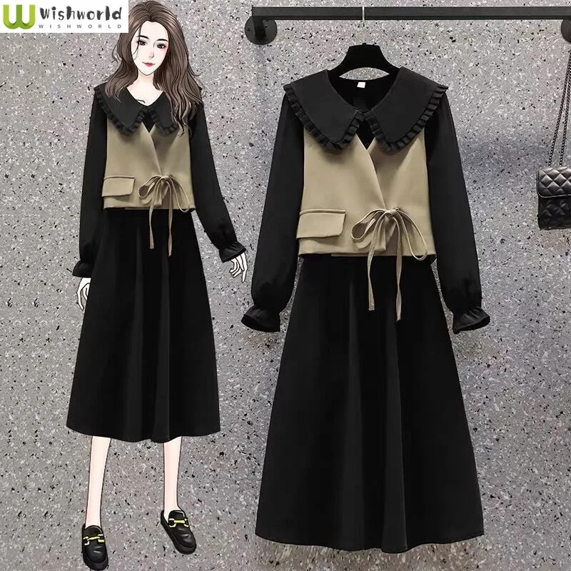 Fashion Casual Women's Suit 2022 New Spring and Autumn Korean Doll Collar Dress Lace Up Vest Elegant Women's Two-piece Suit