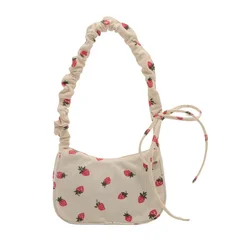Women's Corduroy Underarm Bag with Strawberry Print - Eco - Friendly Half Moon Mini Tote (White - A)