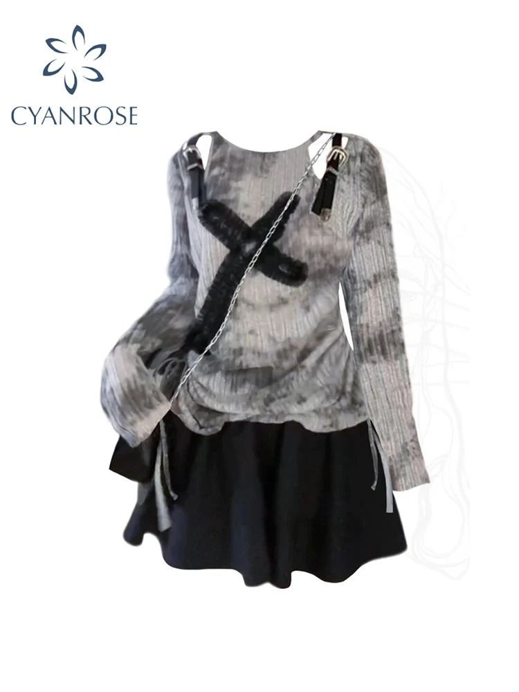 

Женский комплект из двух предметов, футболка с длинным рукавом и мини-юбка трапециевидной формы в винтажном стиле эмо Y2k, лето 2000