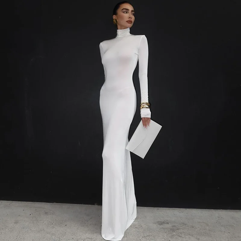 Simple Solid Color High Collar Elegant Long Sleeve Dress main image 0