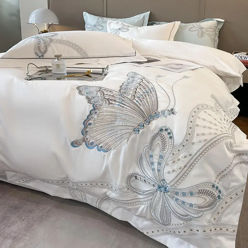 White Egypt Cotton Luxury Butterfly Embroidery Bedding Set Duvet Cover