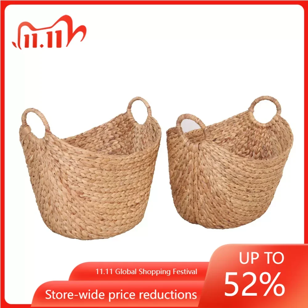 

Storage Woven Basket Large Natural Water Hyacinth Boat Basket, Set Of 2