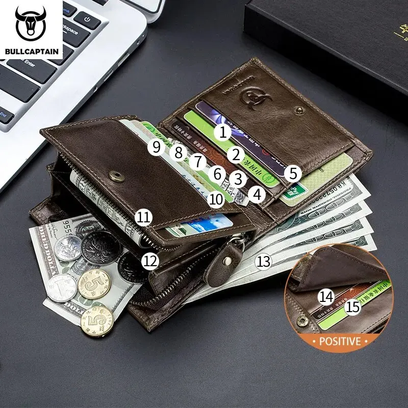BULLCAPTAIN Men RFID Blocking Bifold Wallet Genuine Leather Card Holder Wallets with 15 Card Slots 2