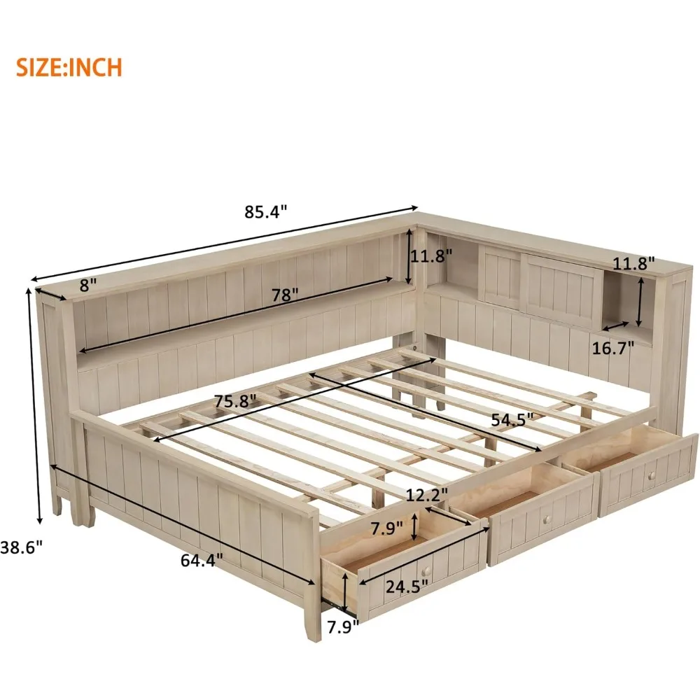 Full Size Daybed, Wood Full Daybed Frame with Storage Shelves and 3 Drawers, Antique White Milk 5