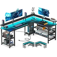 59" L Shaped with Power Outlet and LED Lights, with USB Ports, Reversible L Shape Desk with Storage Shelves & Monitor Stand 1