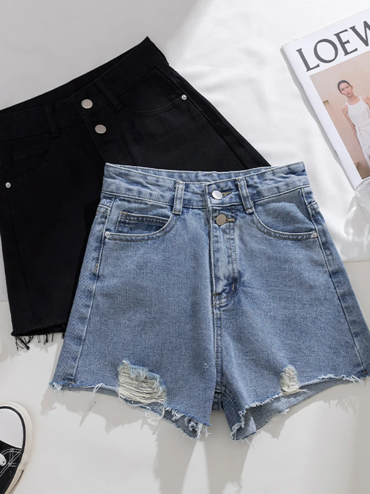 

FTLZZ New Summer Women Fashion Holes High Waist Straight Denim Shorts Lady Vintage Buttons Solid Color Wide Leg Jean Shorts