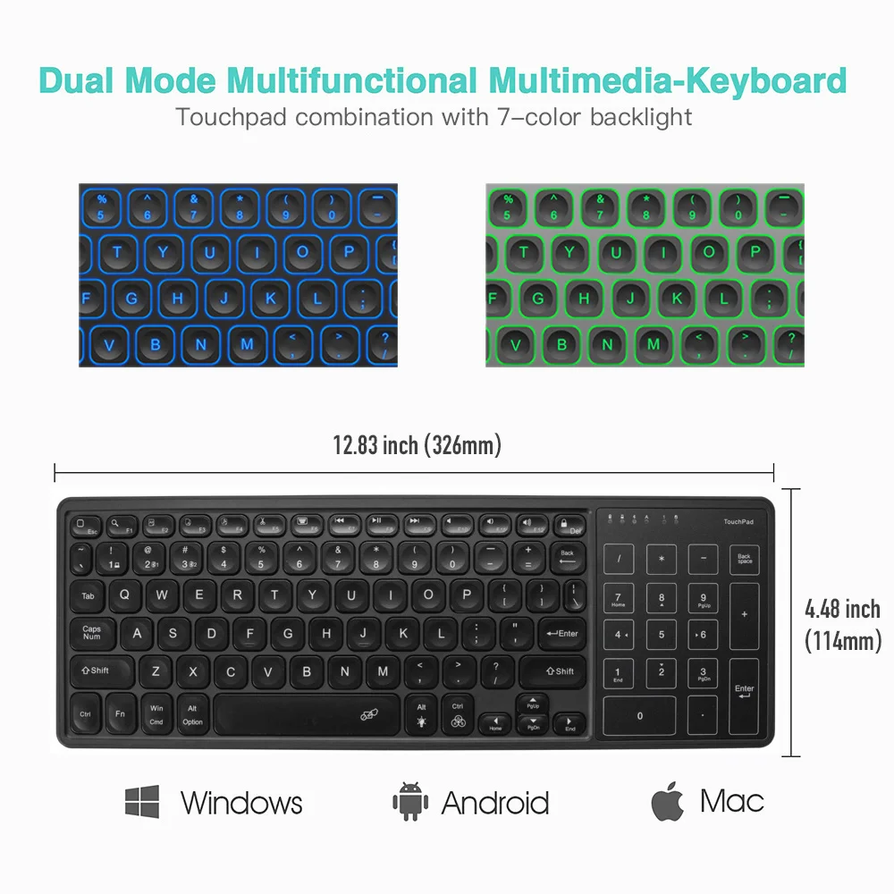 Seenda-teclado Retroiluminado com Touchpad Cores Bluetooth 2.4g sem Fio Multimídia Recarregável para Laptop pc Tablet - Imagem 5