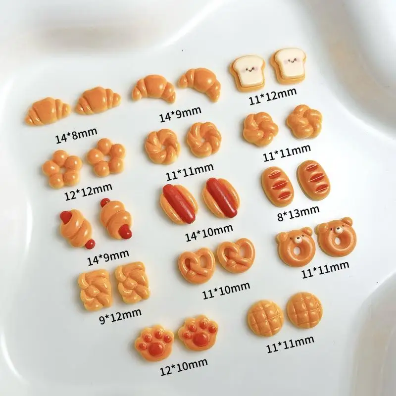 30PCS Cute Creative Sausage Bread Nail Art Decorations Simulated Smiley Toast Cat Paw Bread Dessert Series Nail Charms DIY Nails 2